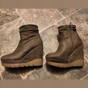 Brown wedge booties.